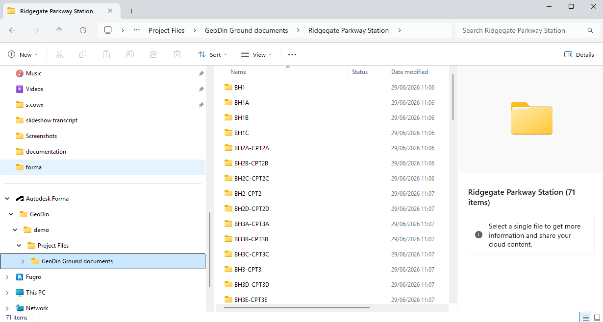 Windows Explorer showing the DWG file and a GeoDin Ground documents sub-folder in the Desktop Connector sync folder